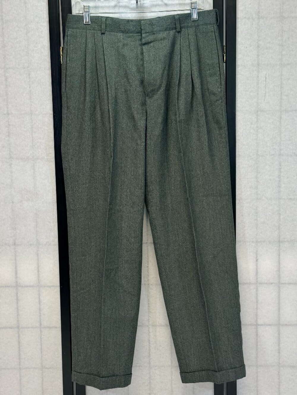 Vintage Pebble Houndstooth Pleated Cuff Dress Trousers Pants Grey Blue 32x30 USA